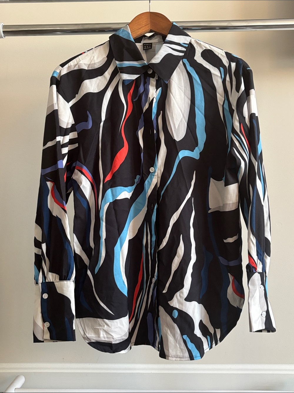 SHEIN Black Abstract Button-Front Blouse with Blue & Red Swirls